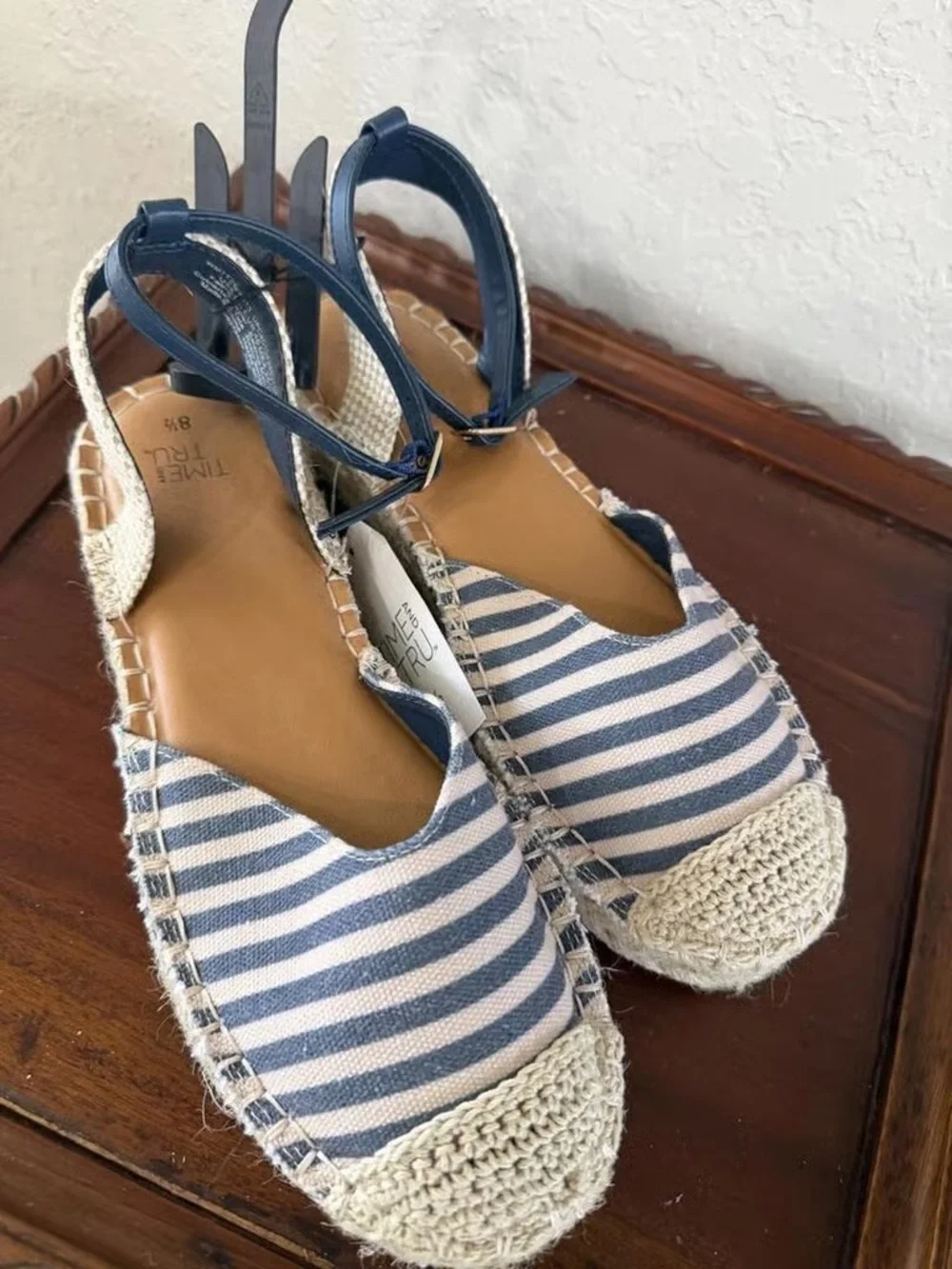 Time and Tru Blue and White Striped Espadrille Slingback Flats